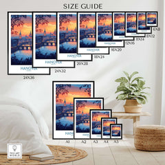 Hanover Travel Poster size guide showing various frame sizes and vibrant sunset design over the skyline.