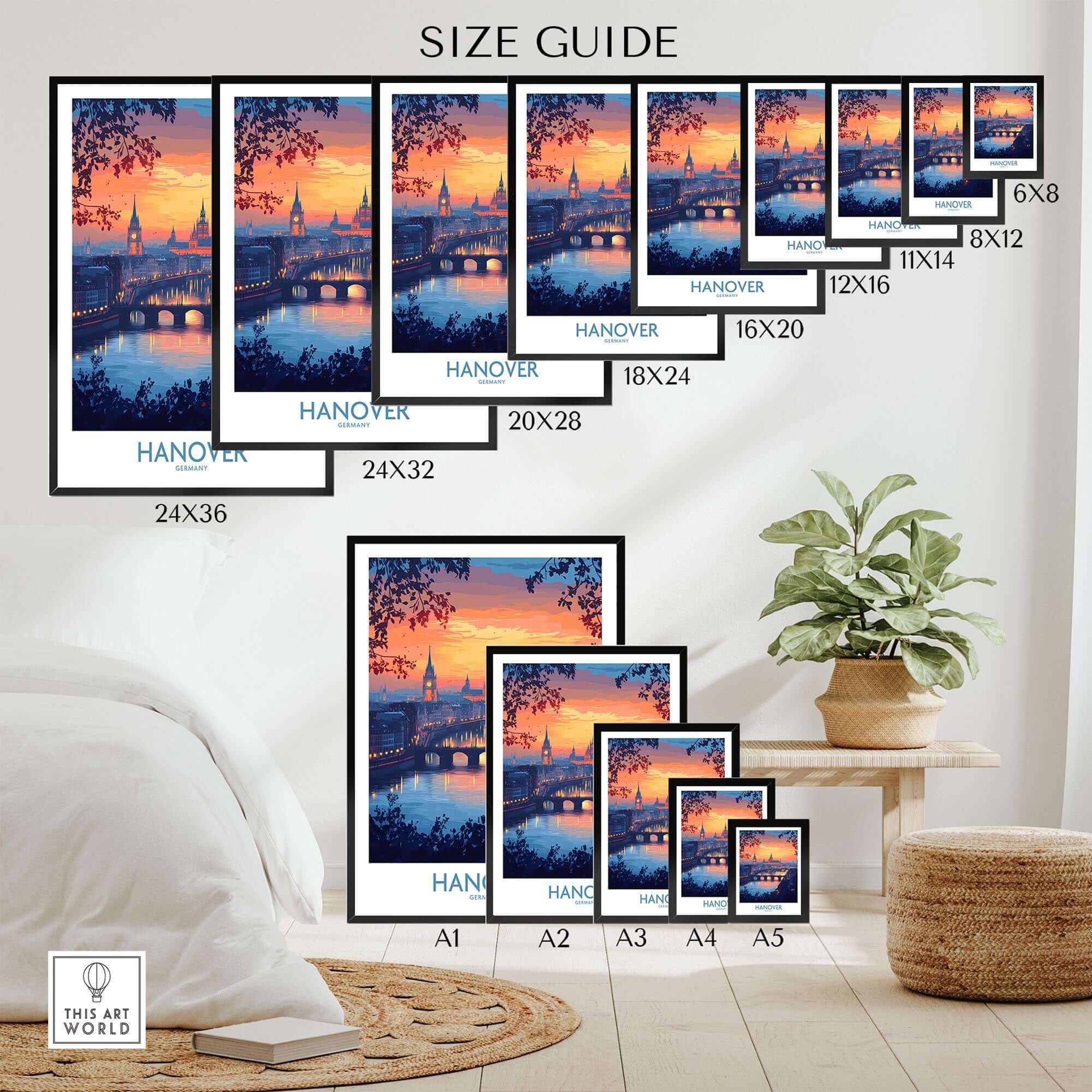 Hanover Travel Poster size guide showing various frame sizes and vibrant sunset design over the skyline.