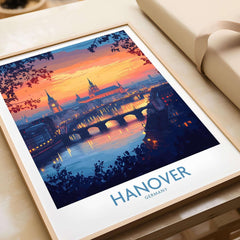 Hanover Travel Poster showcasing a vibrant sunset over the iconic skyline of Hanover, Germany.