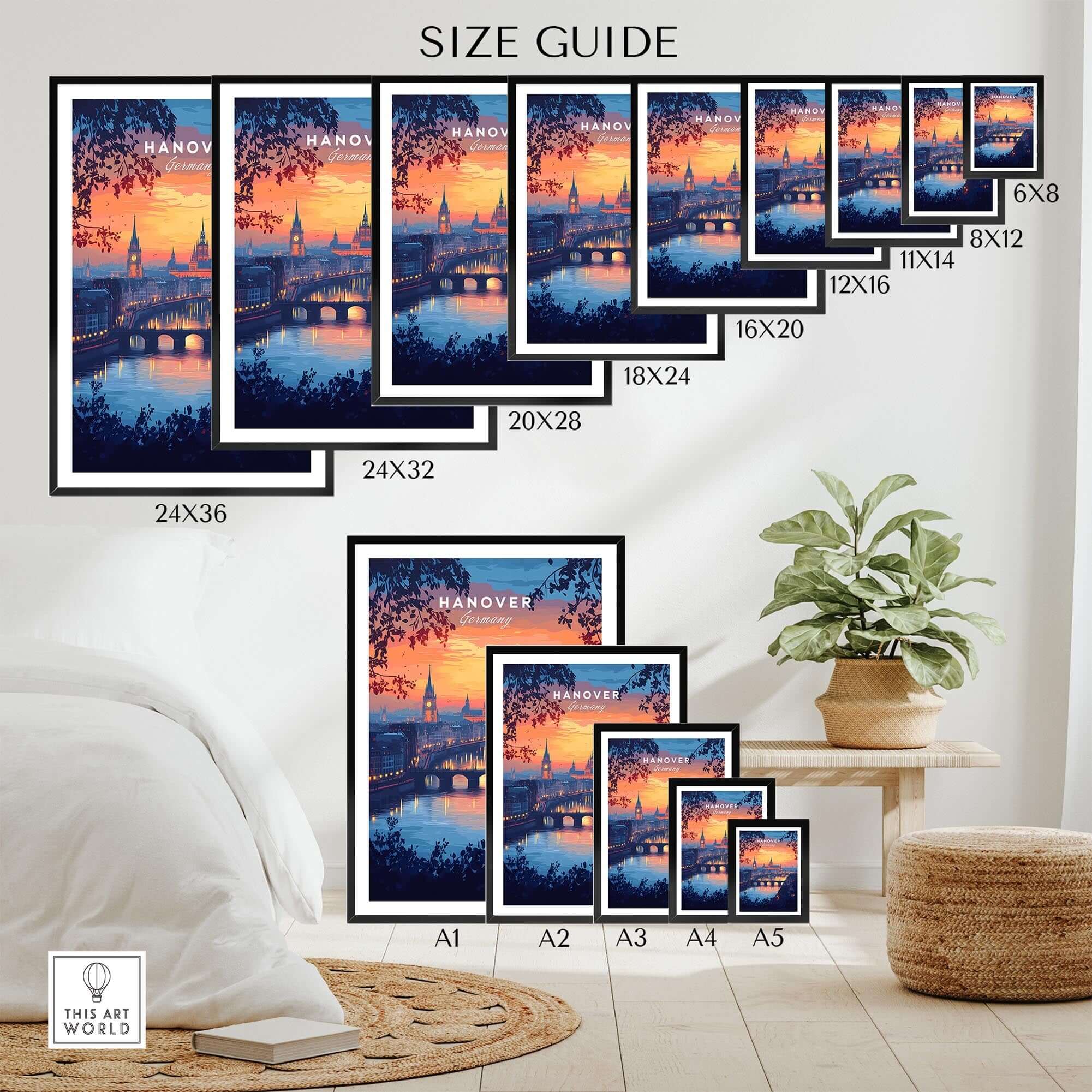 Hanover Travel Print size guide showing various frame sizes and vibrant sunset artwork in a stylish interior setting.