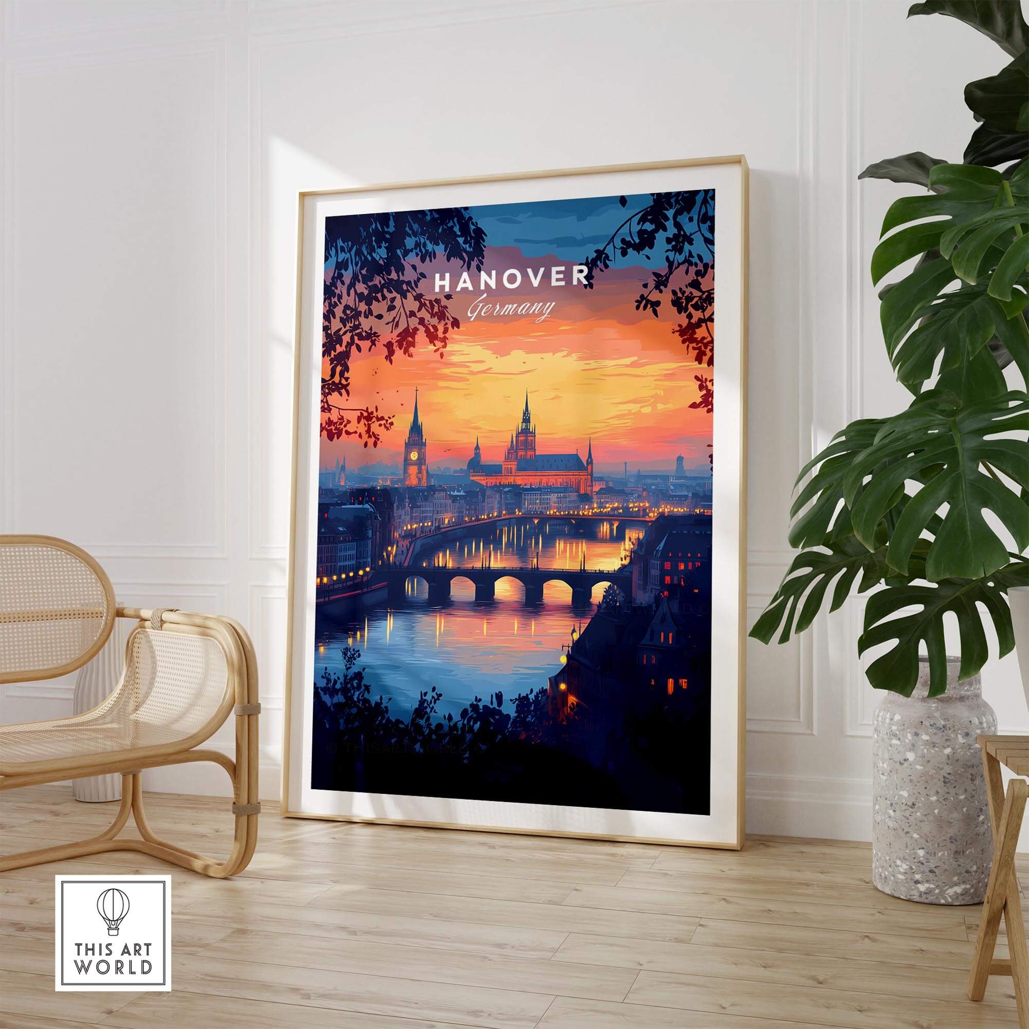 Hanover Travel Print showcasing a vibrant sunset and iconic skyline of Hanover in a stylish interior setting.