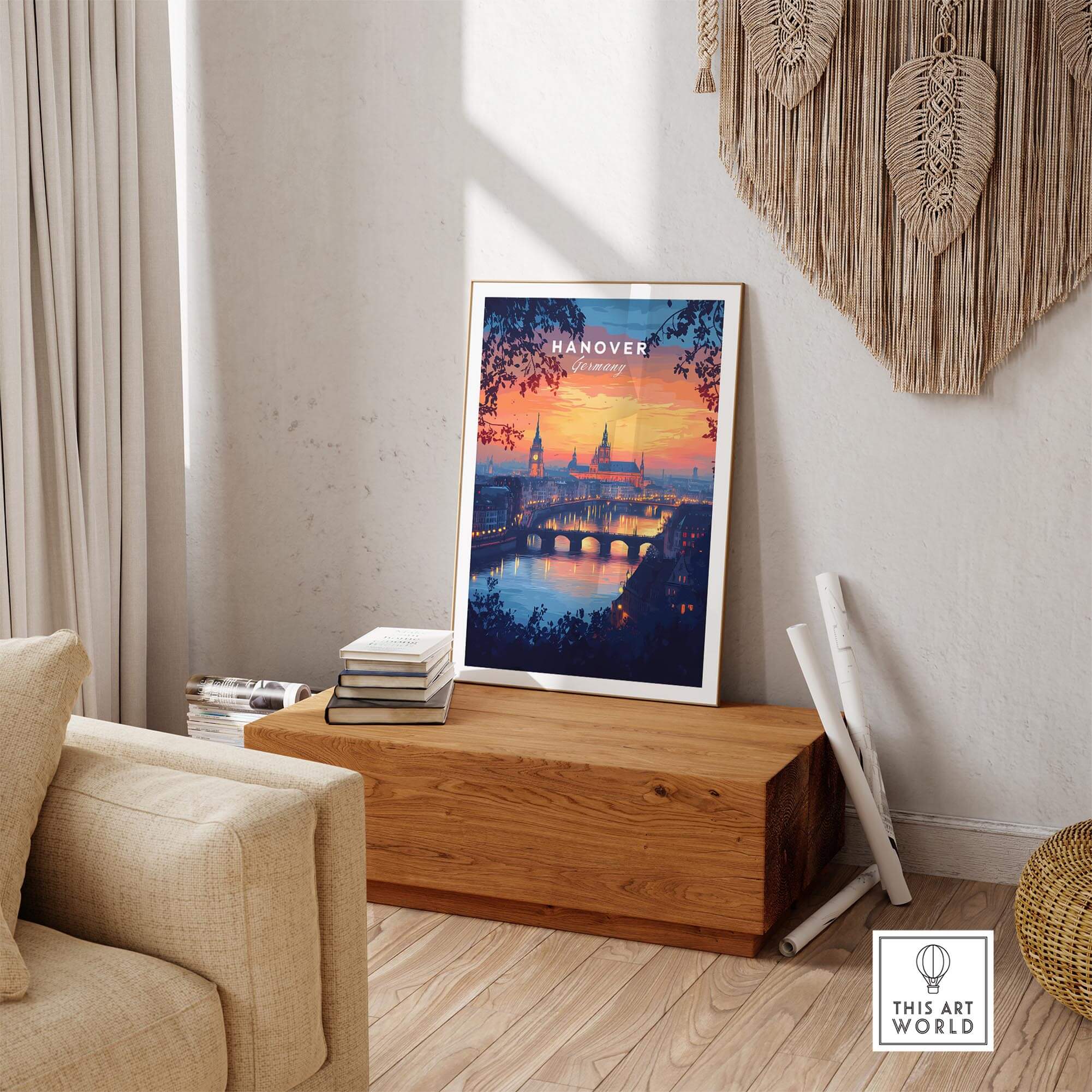 Hanover Travel Print showcasing the stunning sunset and skyline in a cozy interior setting.