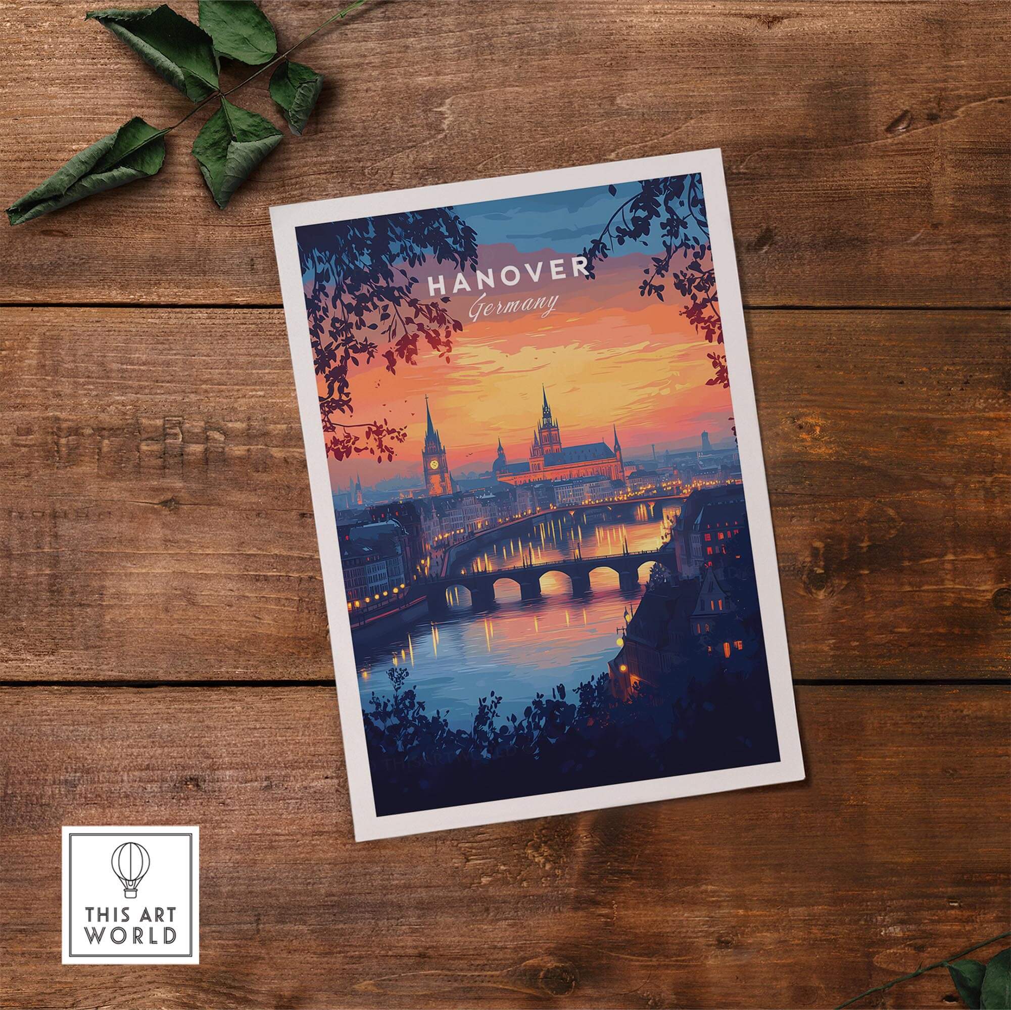 Hanover Travel Print showcasing a vibrant sunset over the iconic skyline of Hanover, Germany.