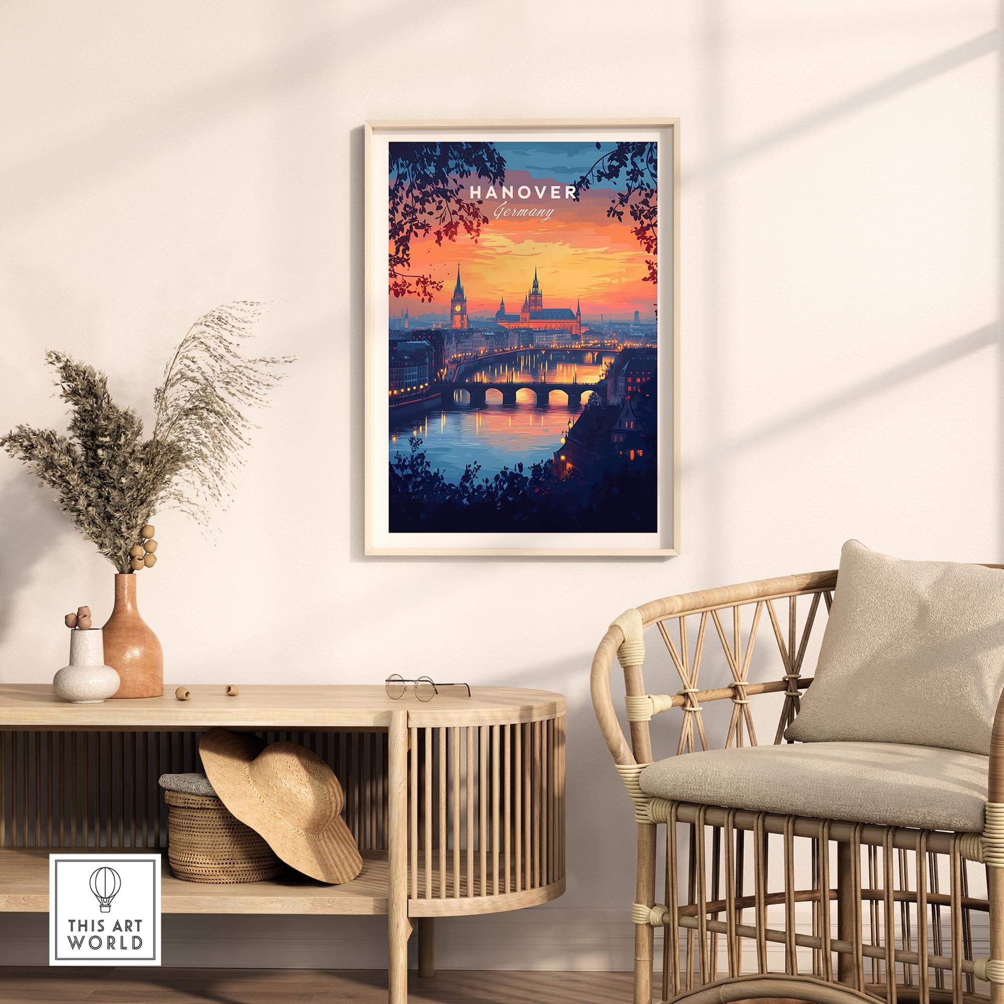 Hanover Travel Print showcasing a stunning sunset over the iconic skyline of Hanover in a stylish living room.