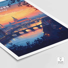Hanover Travel Print showcasing a vibrant sunset over the skyline and river, perfect for travel enthusiasts.
