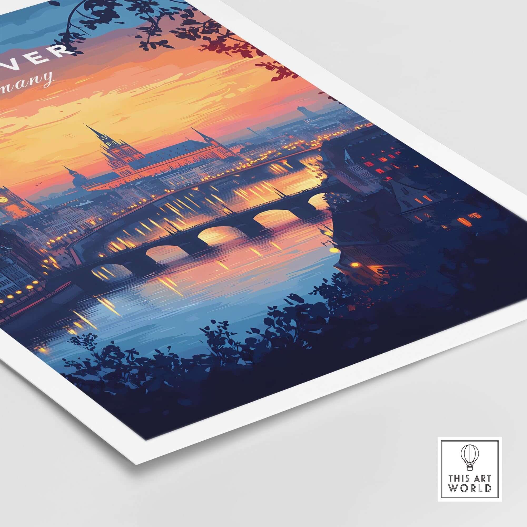 Hanover Travel Print showcasing a vibrant sunset over the skyline and river, perfect for travel enthusiasts.