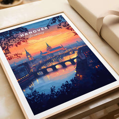 Hanover Travel Print showcasing a vibrant sunset over the iconic skyline of Hanover, Germany.