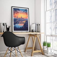 Hanover Travel Print featuring a stunning sunset and iconic skyline, perfect for vibrant wall art.