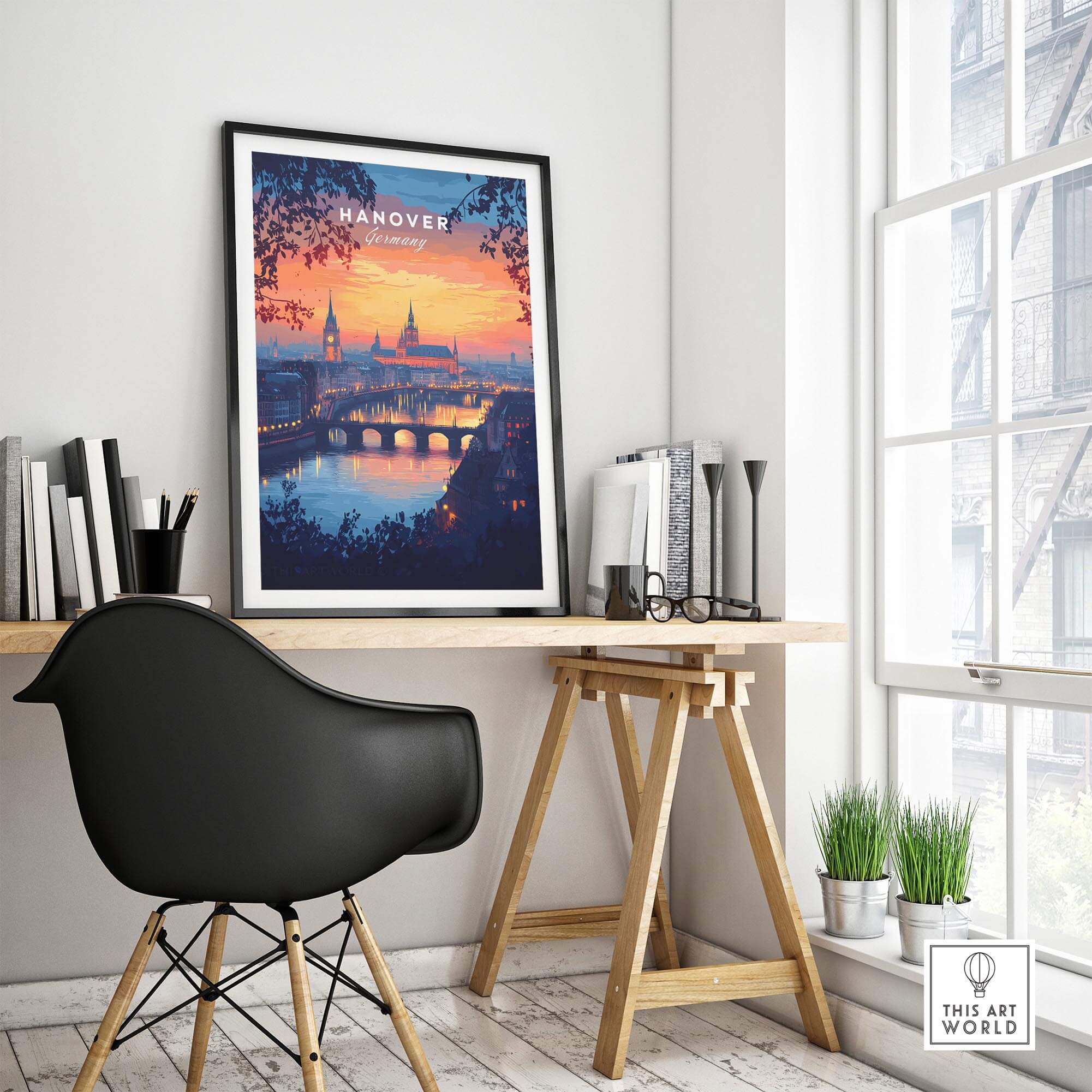 Hanover Travel Print featuring a stunning sunset and iconic skyline, perfect for vibrant wall art.