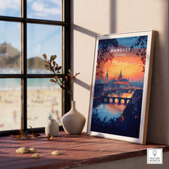 Hanover Travel Print showcasing a vibrant sunset over the Hanover skyline in a cozy interior setting.