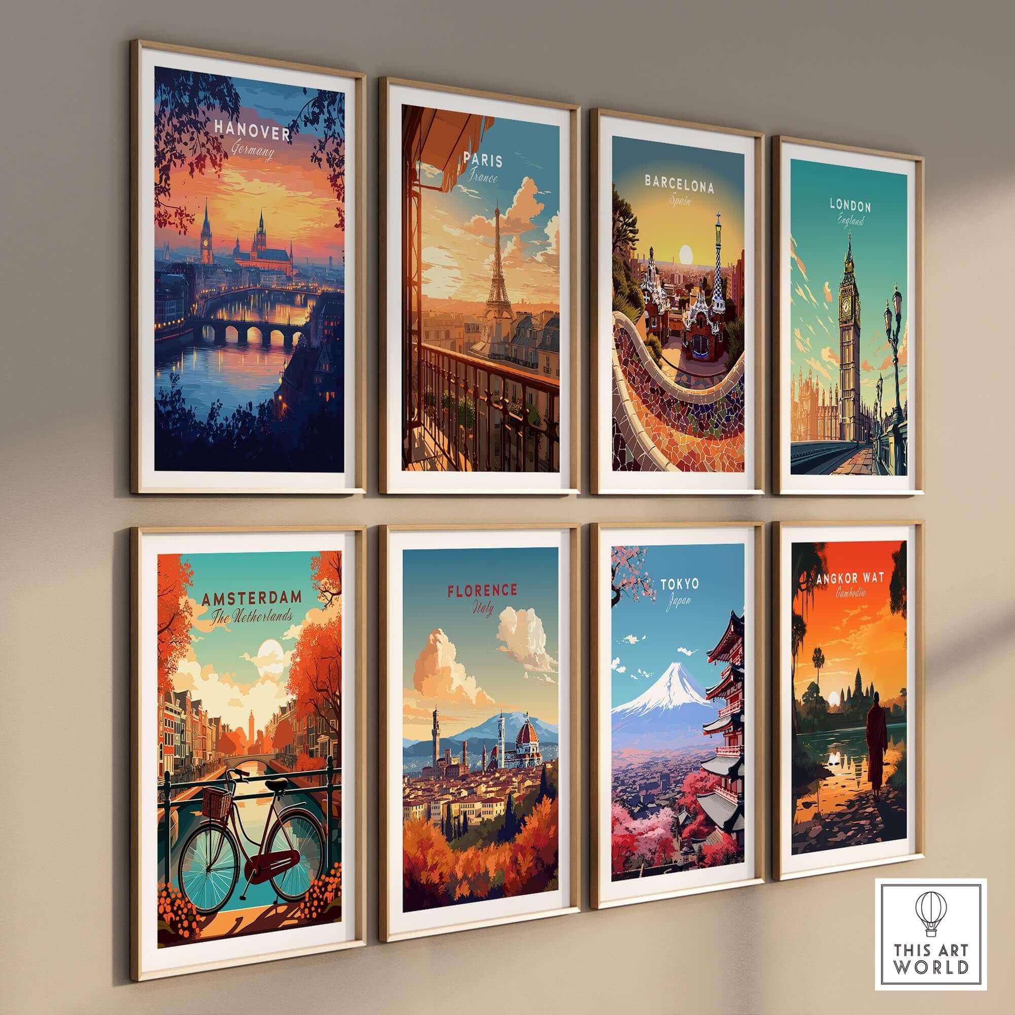 Hanover Travel Print and other vibrant city-themed wall art showcased in a gallery-style arrangement.