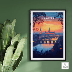 Hanover Travel Print showcasing a stunning sunset over the iconic skyline of Hanover, Germany.
