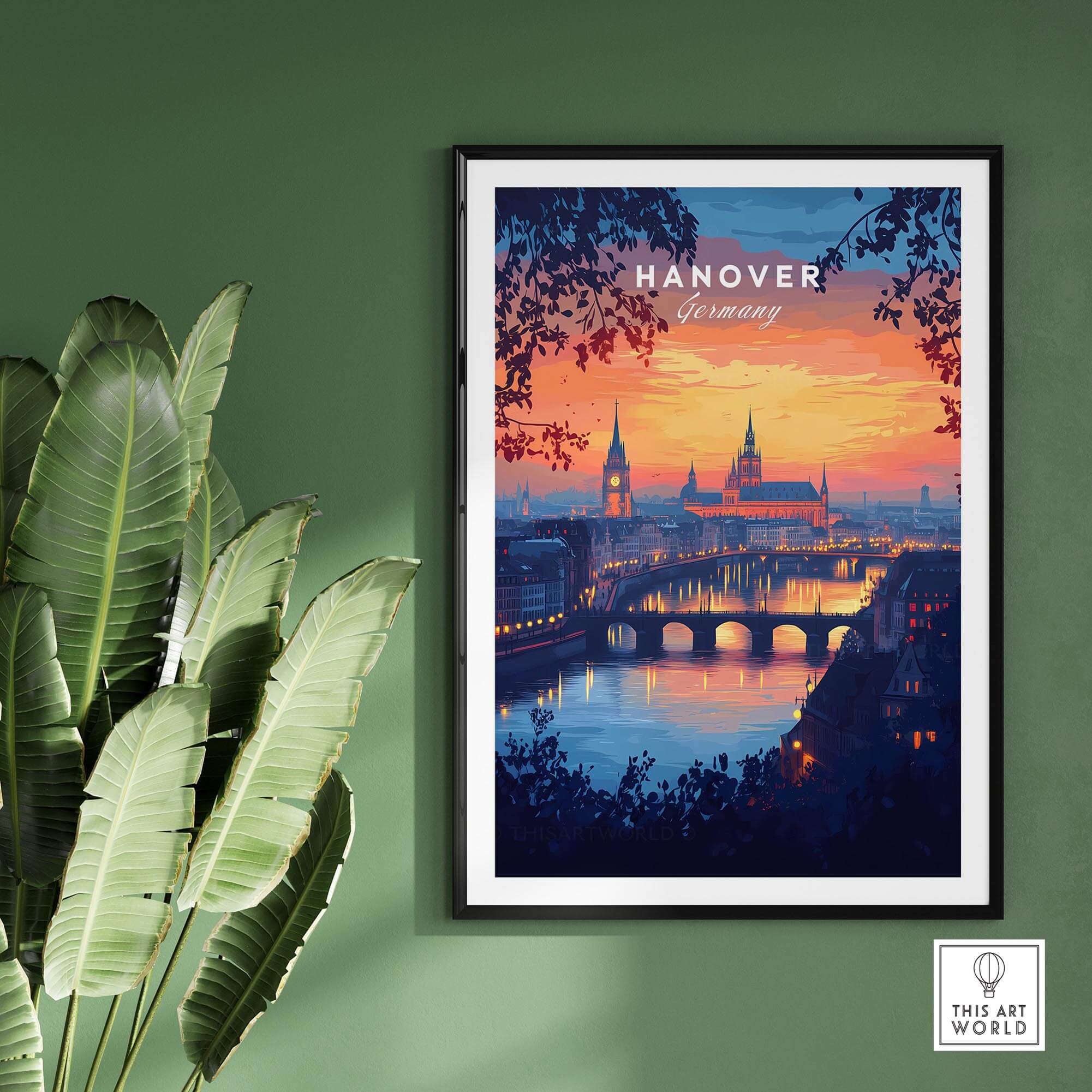 Hanover Travel Print showcasing a stunning sunset over the iconic skyline of Hanover, Germany.
