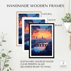 Hanover Travel Print displayed in handmade wooden frames in natural, white, and black colors, ready to hang.