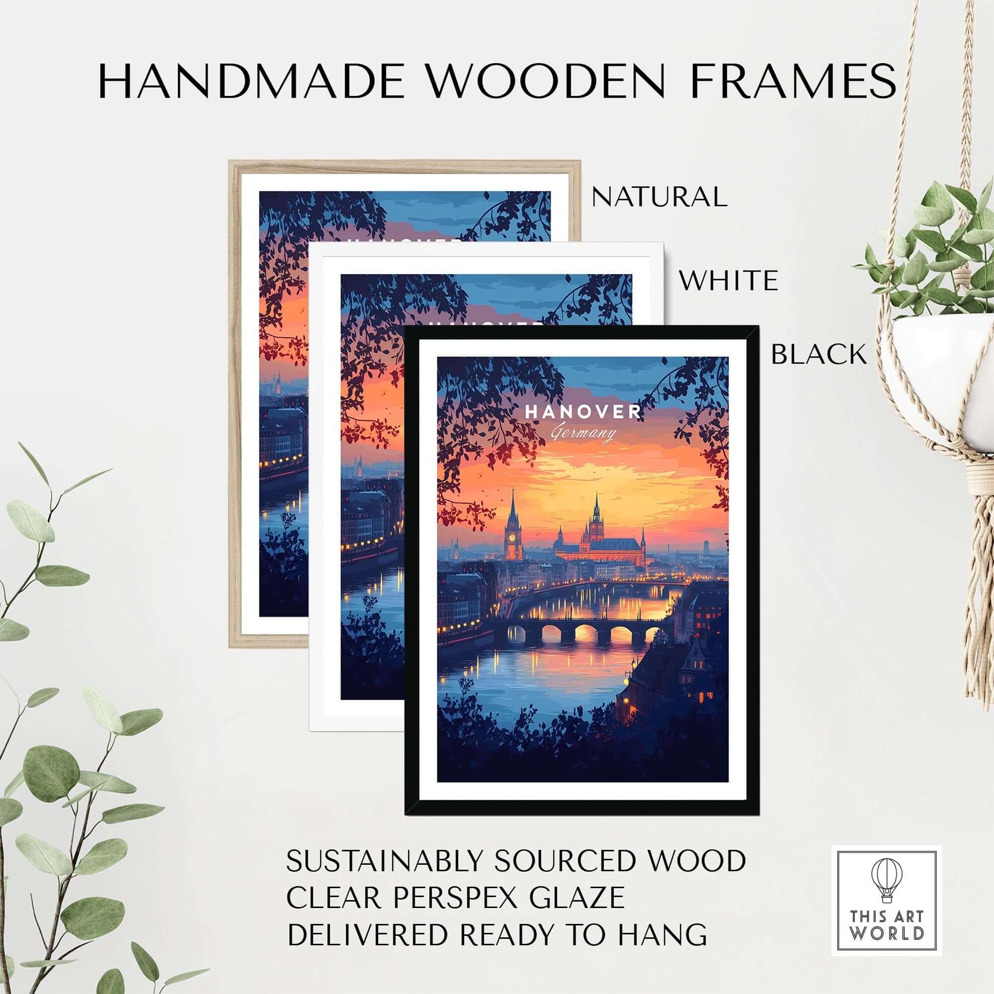 Hanover Travel Print displayed in handmade wooden frames in natural, white, and black colors, ready to hang.