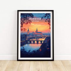 Hanover Travel Print showcasing a sunset over the skyline of Hanover, Germany on a vibrant wall art.