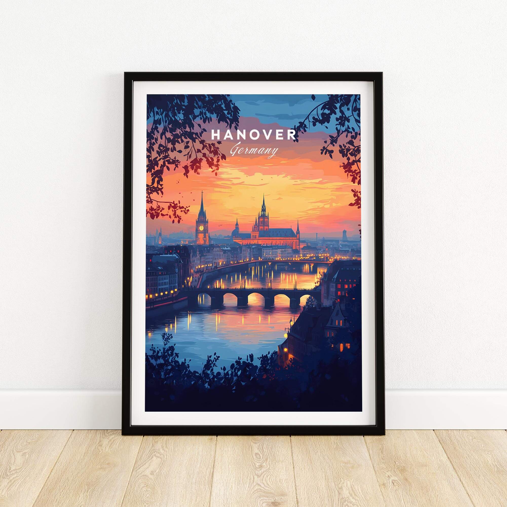 Hanover Travel Print showcasing a sunset over the skyline of Hanover, Germany on a vibrant wall art.