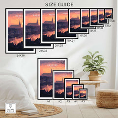 Hanover Wall Art size guide showcasing various print dimensions and vibrant sunset design.