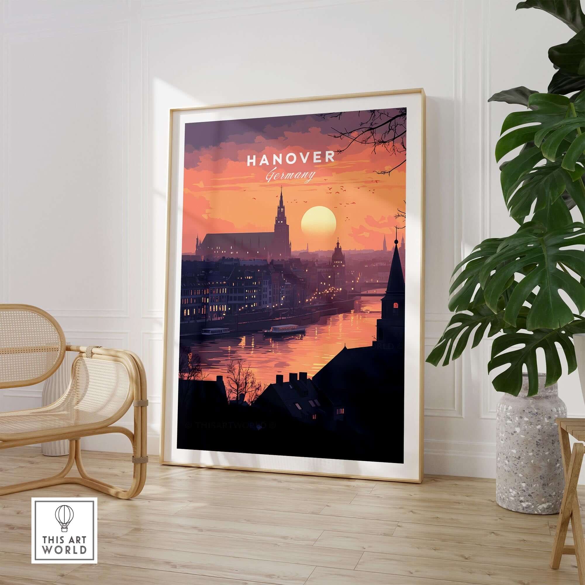 Hanover Wall Art featuring a vibrant sunset over the skyline of Hanover, perfect for home or office decor.