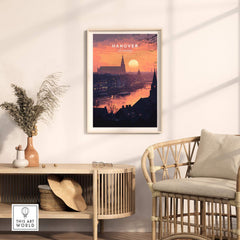 Hanover Wall Art featuring a vibrant sunset and skyline in a stylish room setting.