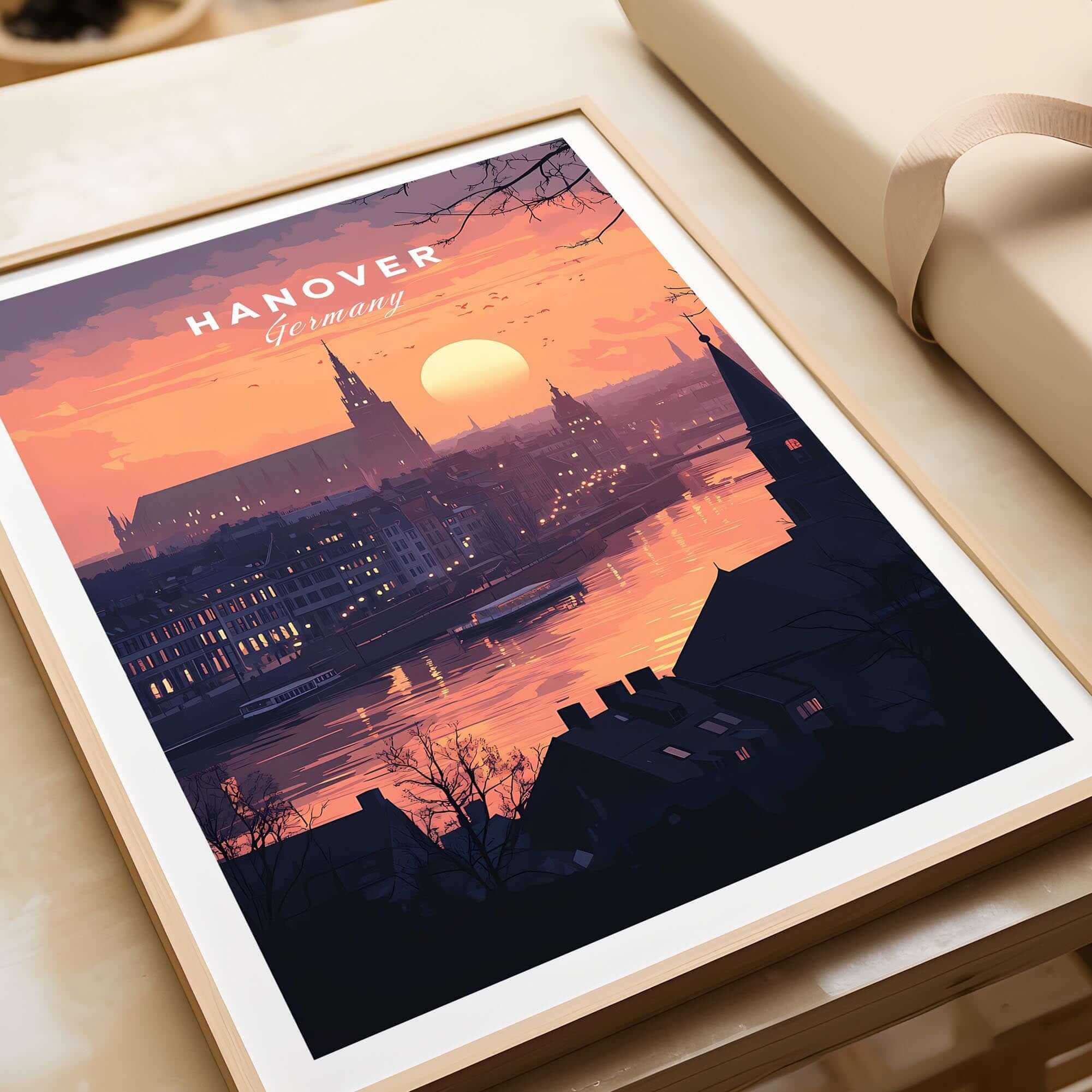 Hanover Wall Art showcasing a vibrant sunset over the skyline of Hanover, Germany.