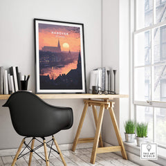 Hanover Wall Art showcasing a vibrant sunset and skyline in a stylish interior setting.