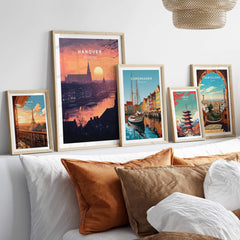 Hanover Wall Art featuring vibrant sunset colors and city skyline, perfect for home or office decor.