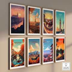 Hanover Wall Art collection featuring vibrant city prints of various locations including Hanover, Paris, and Barcelona.