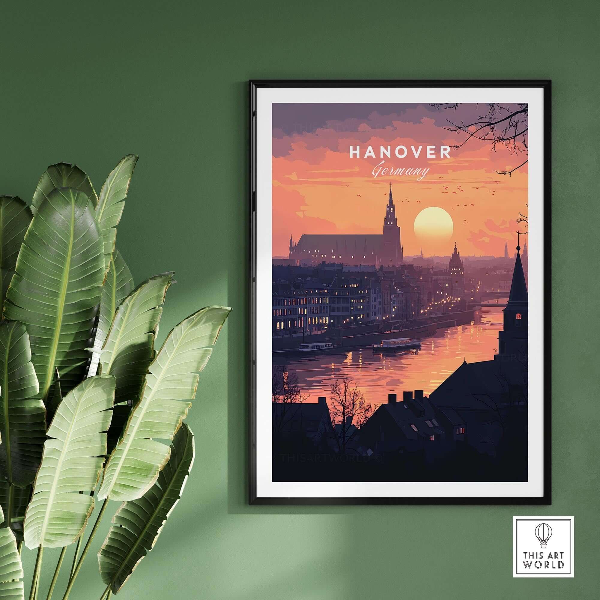 Stunning Hanover Wall Art featuring vibrant sunset colors and an iconic skyline set against a green wall.