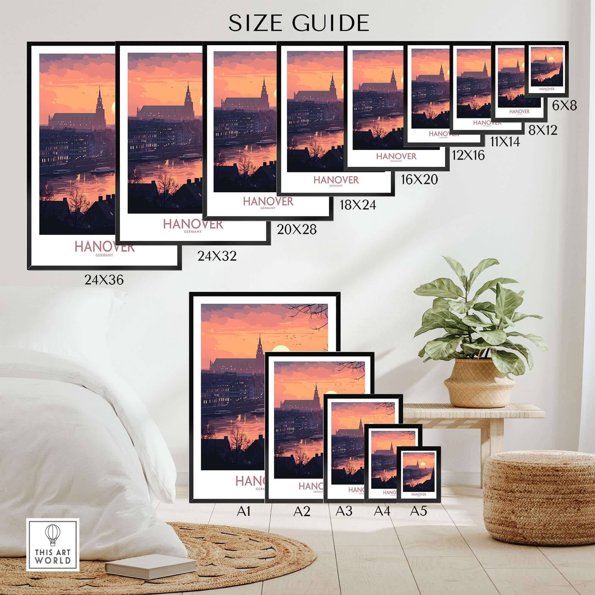 Hanover Wall Art Print Size Guide showcasing various frame sizes and styles for interior decor.