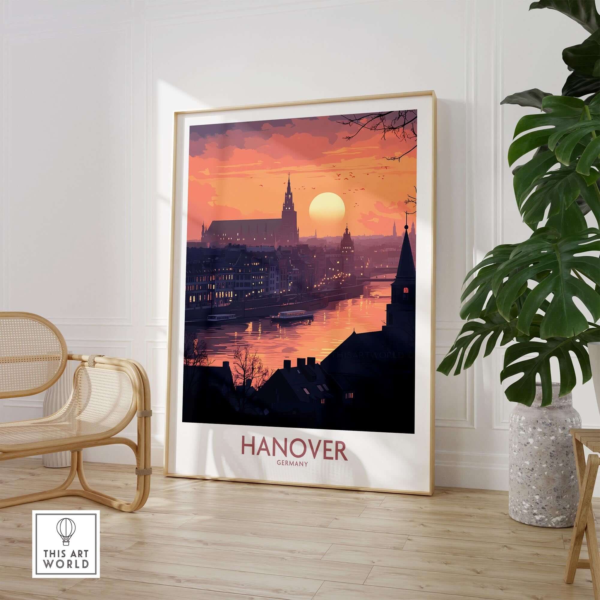 Hanover Wall Art Print showcasing a scenic sunset over Hanover, Germany, adding warmth to home decor.