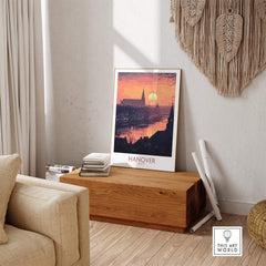 Hanover Wall Art Print featuring a captivating sunset in a cozy living room setting.