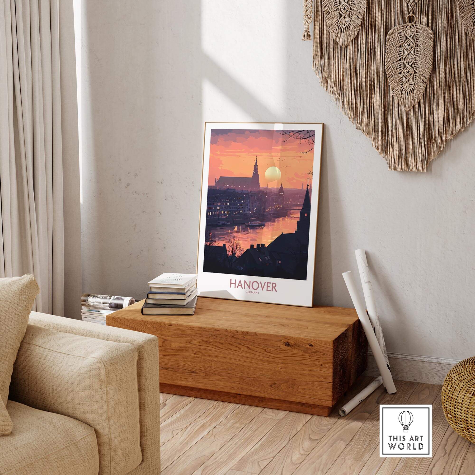 Hanover Wall Art Print featuring a captivating sunset in a cozy living room setting.