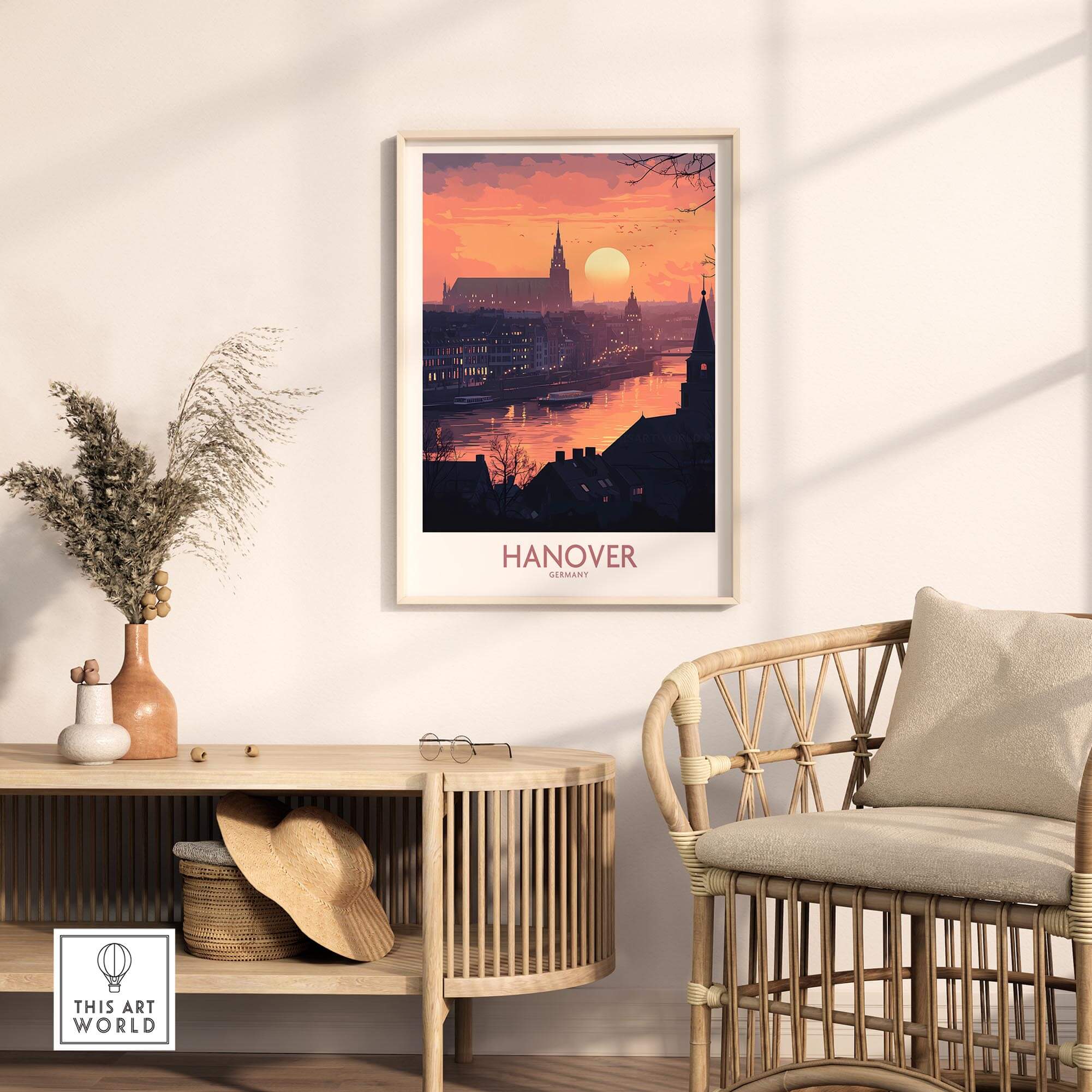Hanover Wall Art Print showcasing a stunning sunset over the city, enhancing any room's decor.