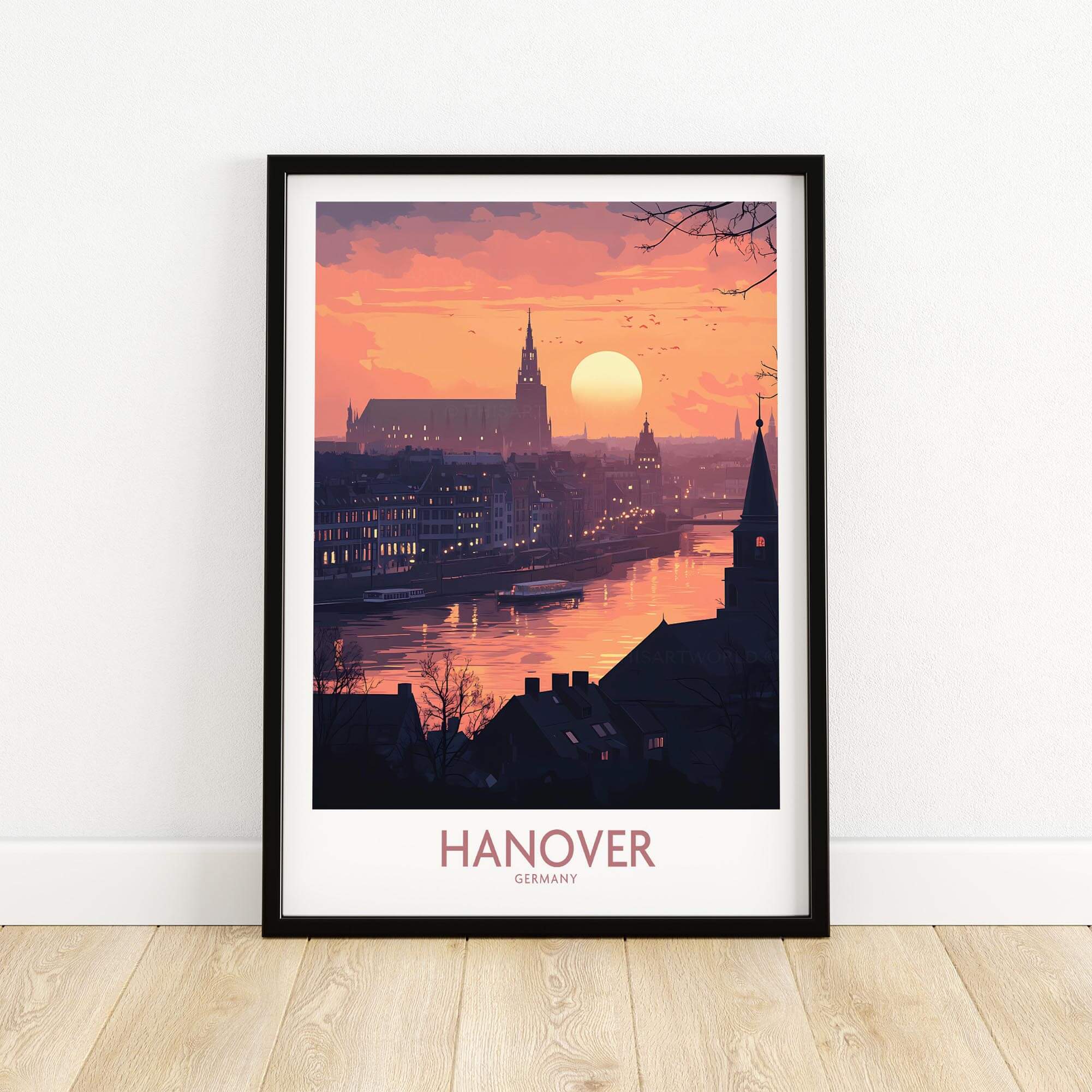 Hanover Wall Art Print featuring a sunset over the city of Hanover, Germany, perfect for home decor.