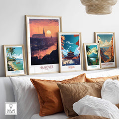 Hanover Wall Art Print displayed among other travel-themed art prints on a stylish interior wall.