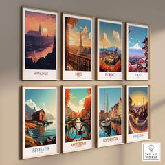 Hanover Wall Art Print collection featuring travel posters of iconic cities with sunset themes.