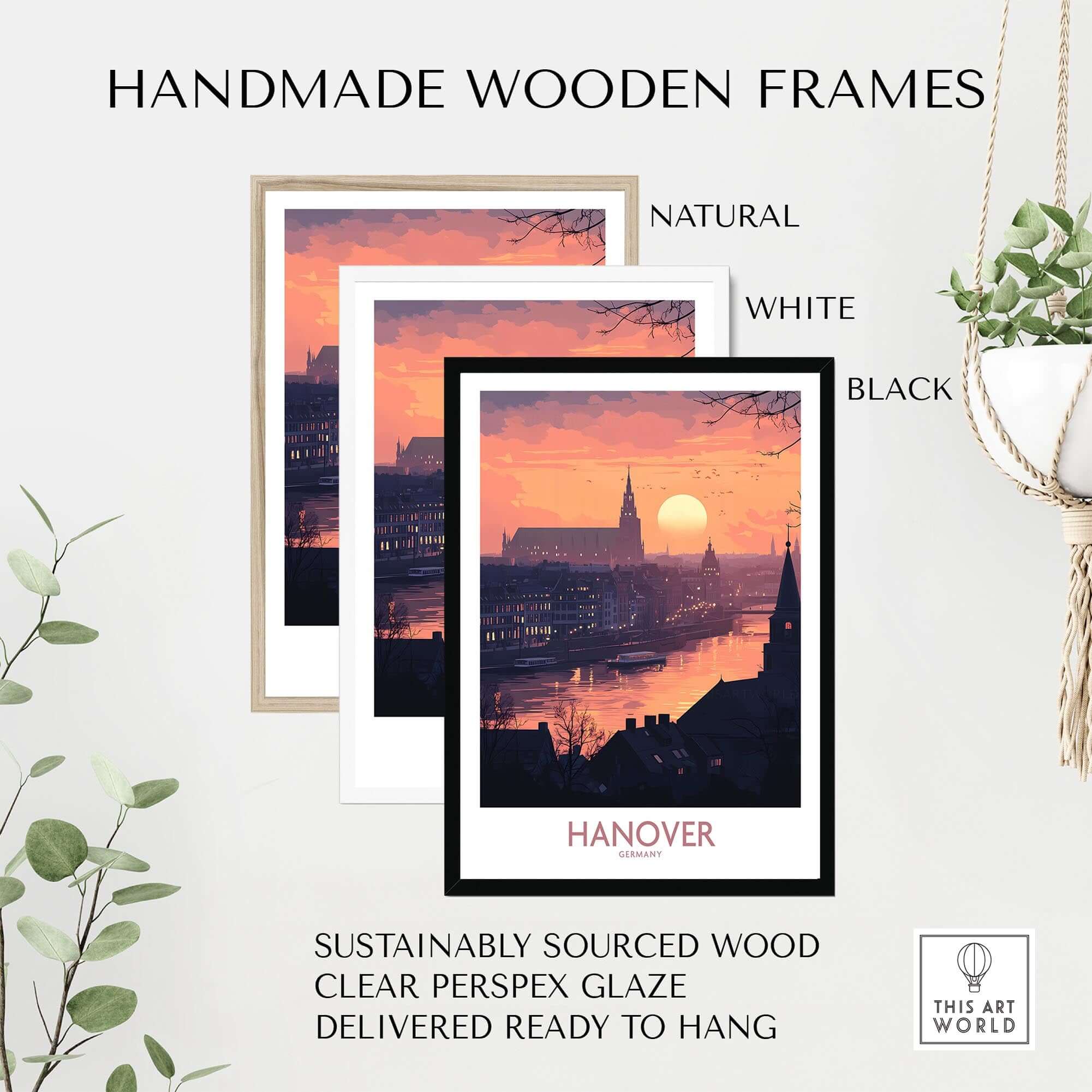 Hanover Wall Art Print displayed in handmade wooden frames in natural, white, and black options.