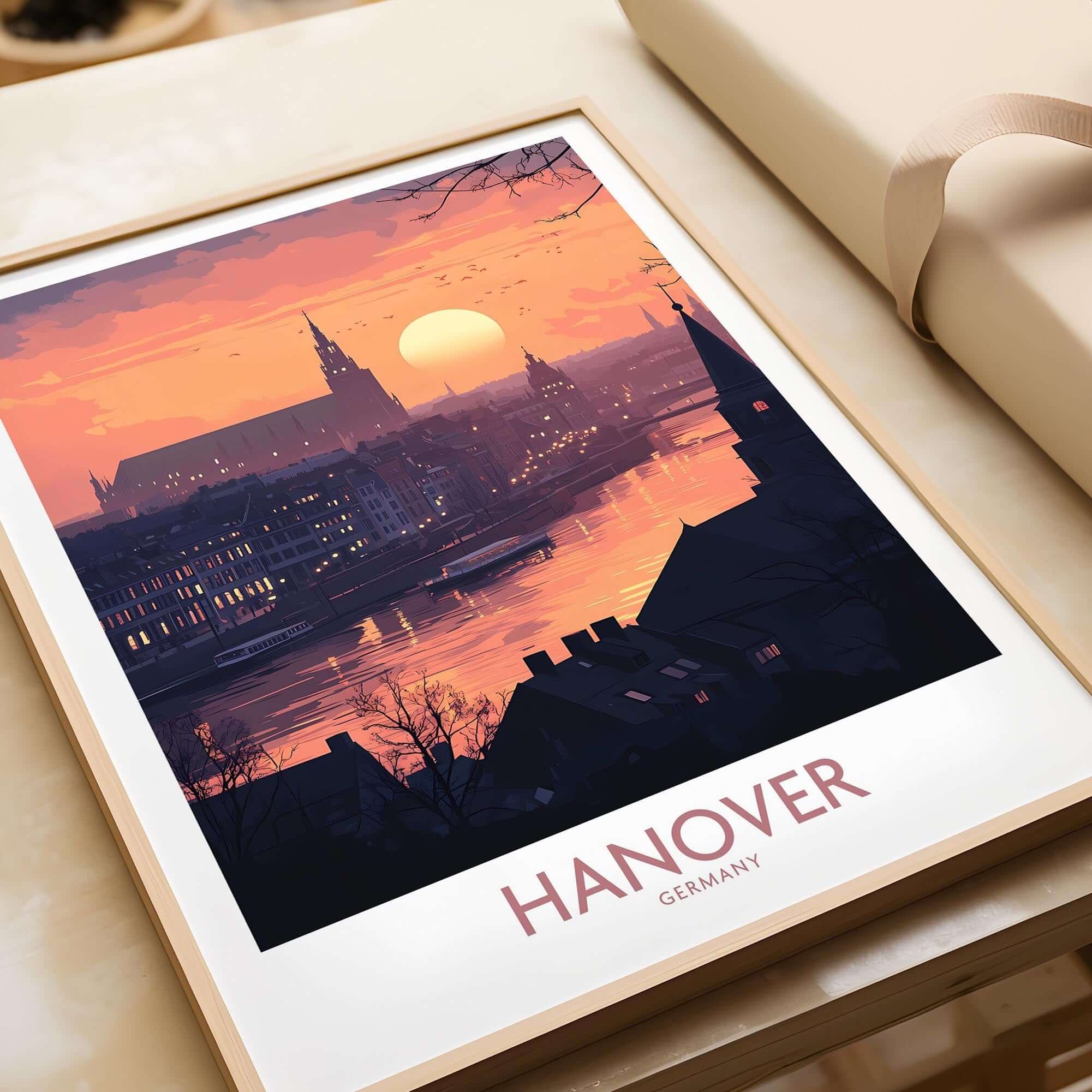 Hanover Wall Art Print showcasing a vibrant sunset over Hanover, Germany, perfect for home decor.