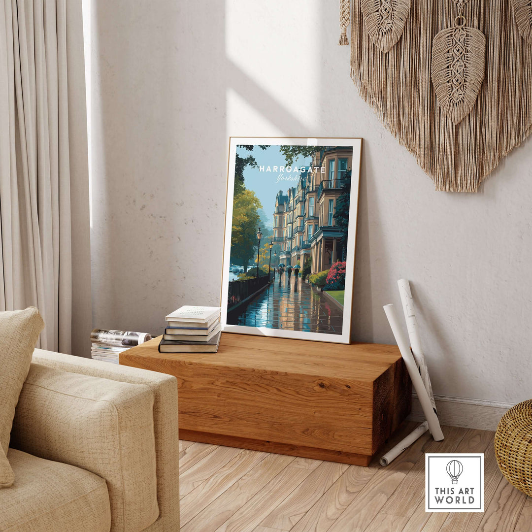 Harrogate Classic British Town Scene Print | English Architecture Wall Art displayed in a stylish living room setting.