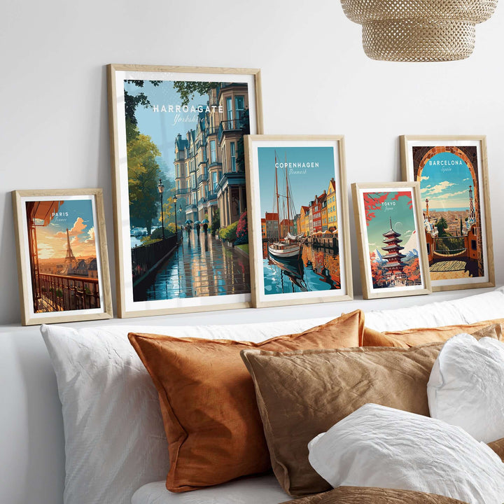 Harrogate Classic British Town Scene Print | English Architecture Wall Art displayed among other city prints on a stylish wall.