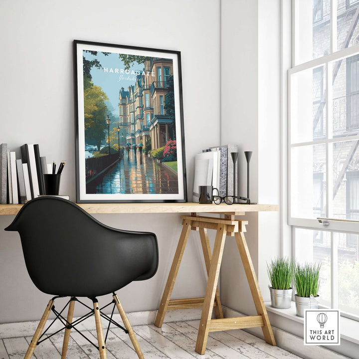 Harrogate Classic British Town Scene Print | English Architecture Wall Art displayed in a stylish home office setting.