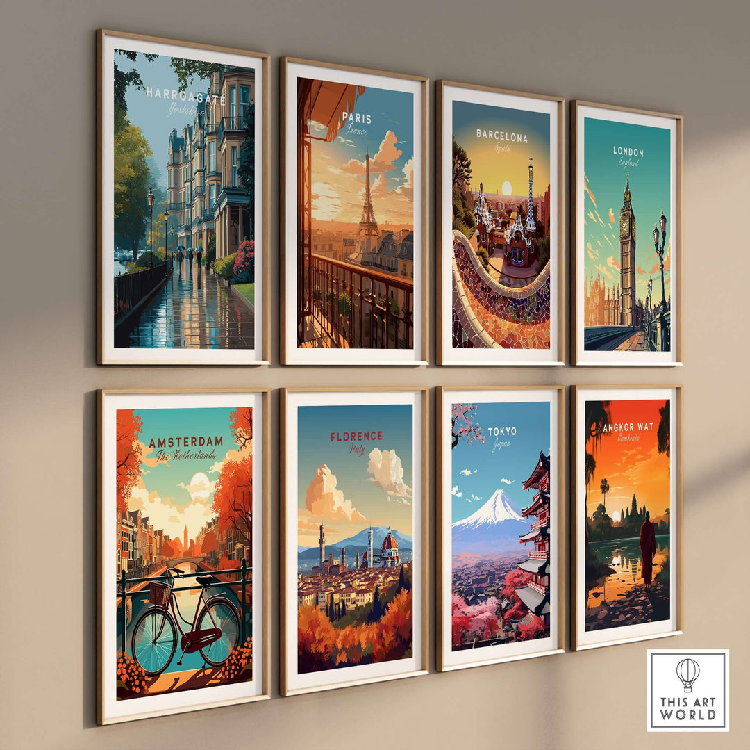 Harrogate Classic British Town Scene Print | English Architecture Wall Art displayed in a gallery wall of city prints.