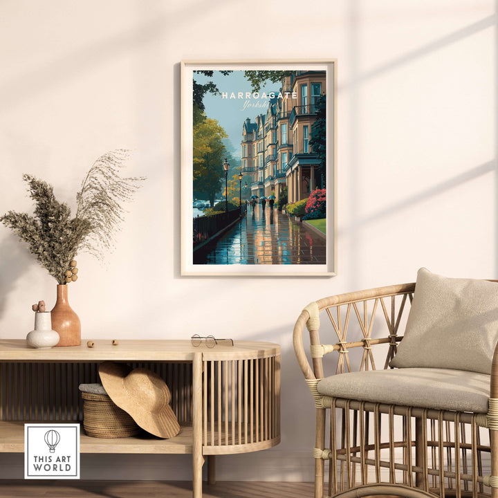 Harrogate Classic British Town Scene Print | English Architecture Wall Art displayed in a stylish interior setting.