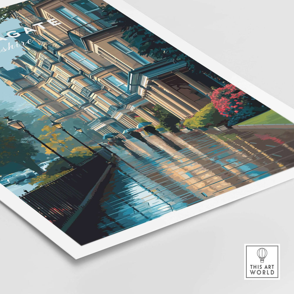 Harrogate Classic British Town Scene Print | English Architecture Wall Art showcasing a picturesque street with vintage charm.