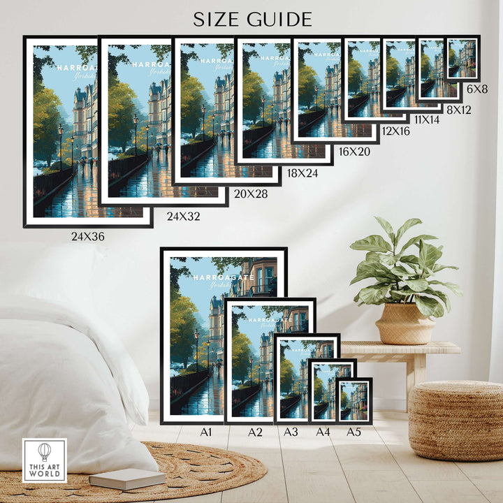Harrogate Classic British Town Scene Print | English Architecture Wall Art size guide with various frame sizes displayed