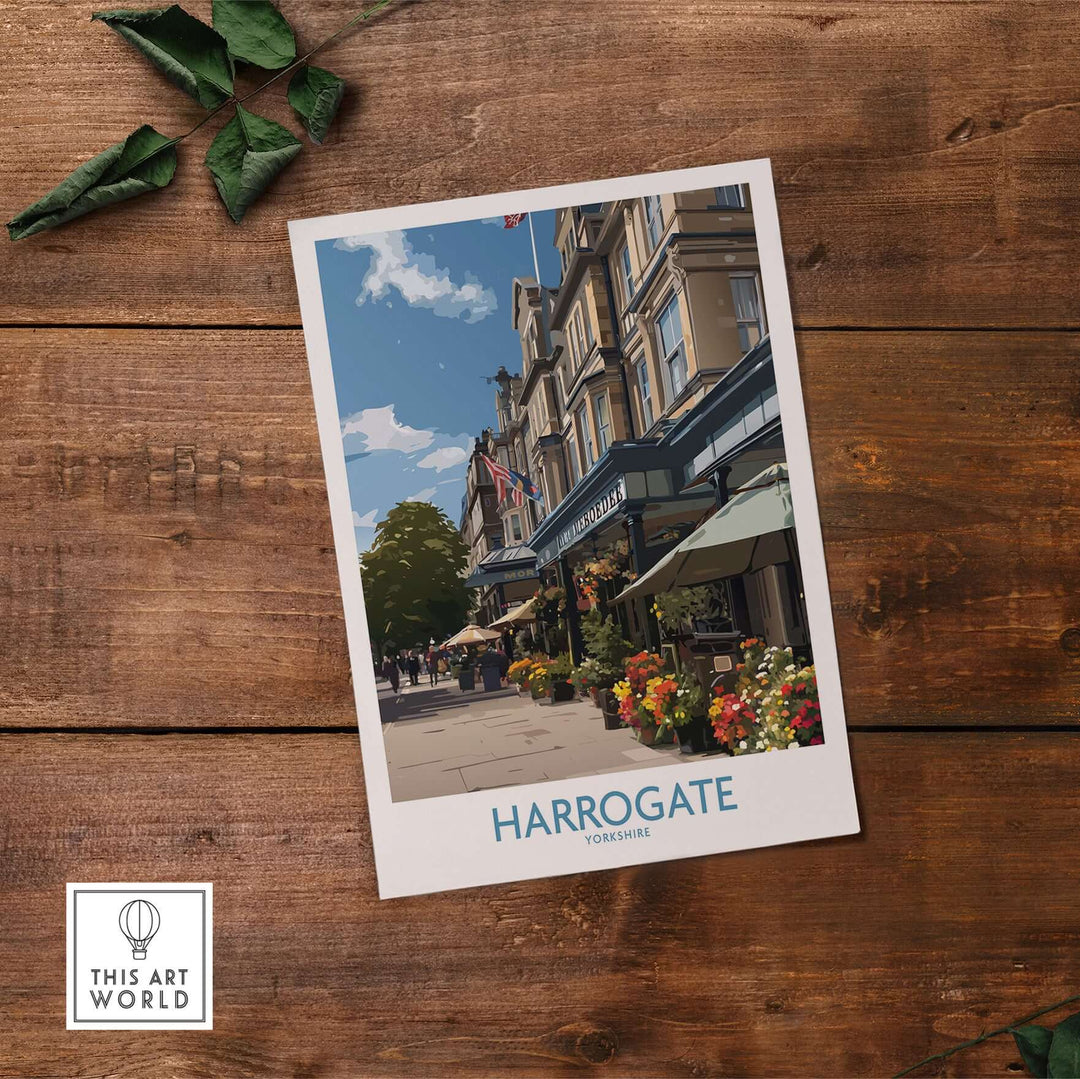 Harrogate Yorkshire Art Print | Floral Cafe Scene Poster featuring floral displays and charming buildings.