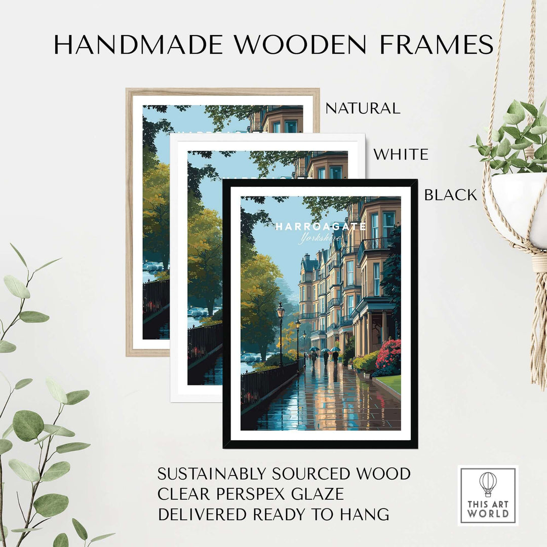 Harrogate Classic British Town Scene Print | English Architecture Wall Art displayed in handmade wooden frames
