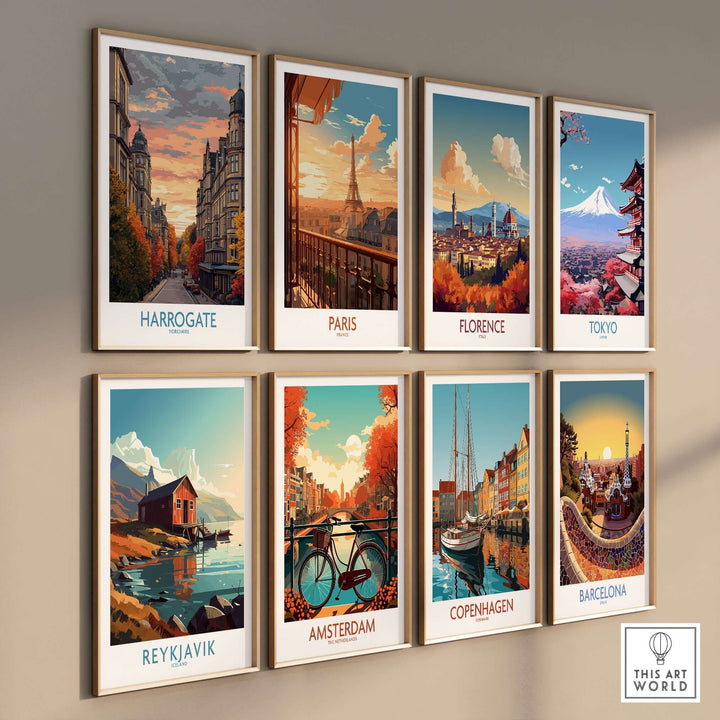 Harrogate Yorkshire Autumn Street Art Print | Sunset Avenue Poster featuring a vibrant art gallery wall.