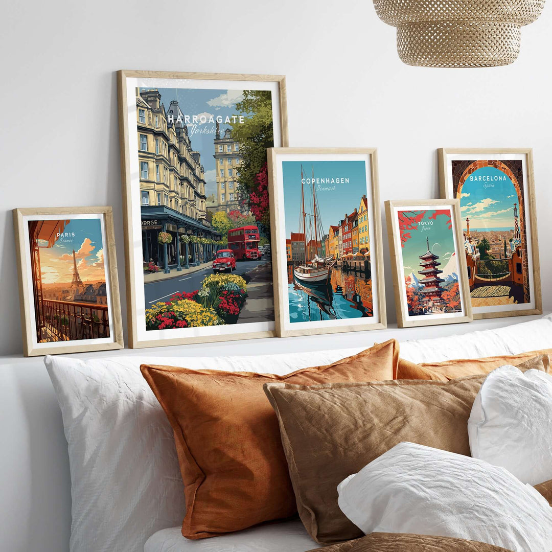 Harrogate Print | English City Wall Decor displayed with other city prints on a stylish sofa and decor.